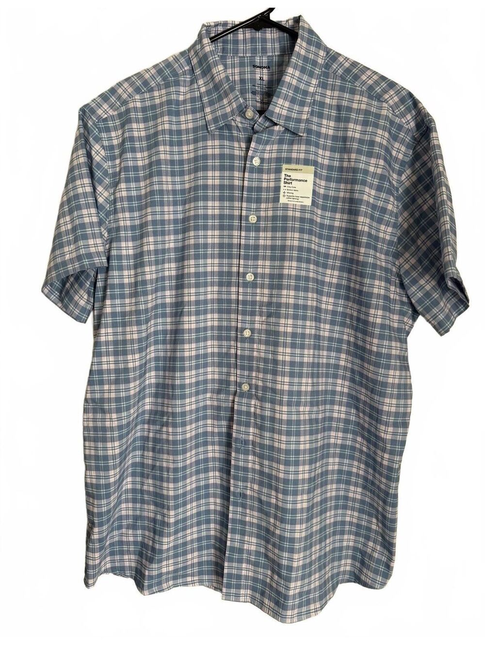 Sonoma Men's The Performance Shirt Size XL Extra Large Blue Check Plaid Preppy